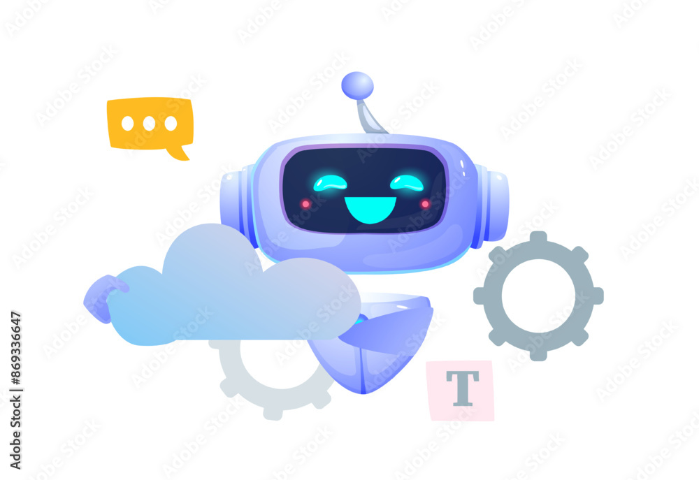 Poster virtual assistant. bot or artificial intelligence in cloud database. robot communicates with clients