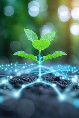 plant sprouting from the ground with glowing blue connection nodes around it