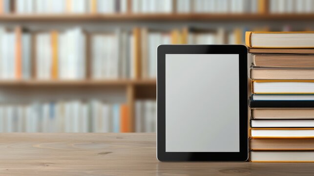 A tablet sits on a table next to a stack of books