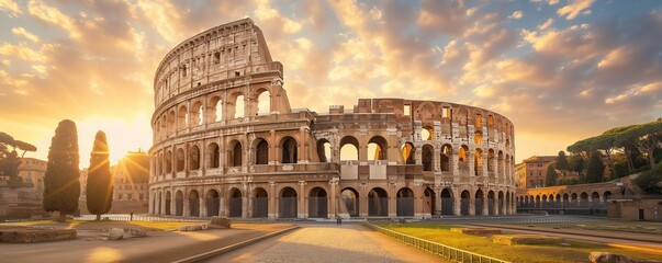 The Colosseum is bathed in the warm light of sunset, enhancing its ancient glory and the serenity of the surrounding ruins