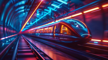Fototapeta premium A futuristic high-speed train speeds through a neon-lit tunnel