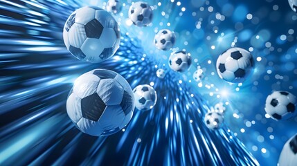 Soccer Balls in Motion on Blue Background.