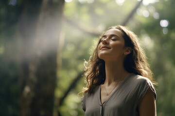 Naklejka premium Woman smelling the air in the forest photography portrait adult.