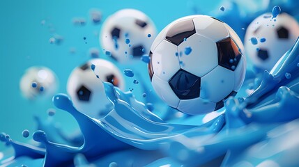 Naklejka premium Soccer Ball Splashing Through Blue Liquid.