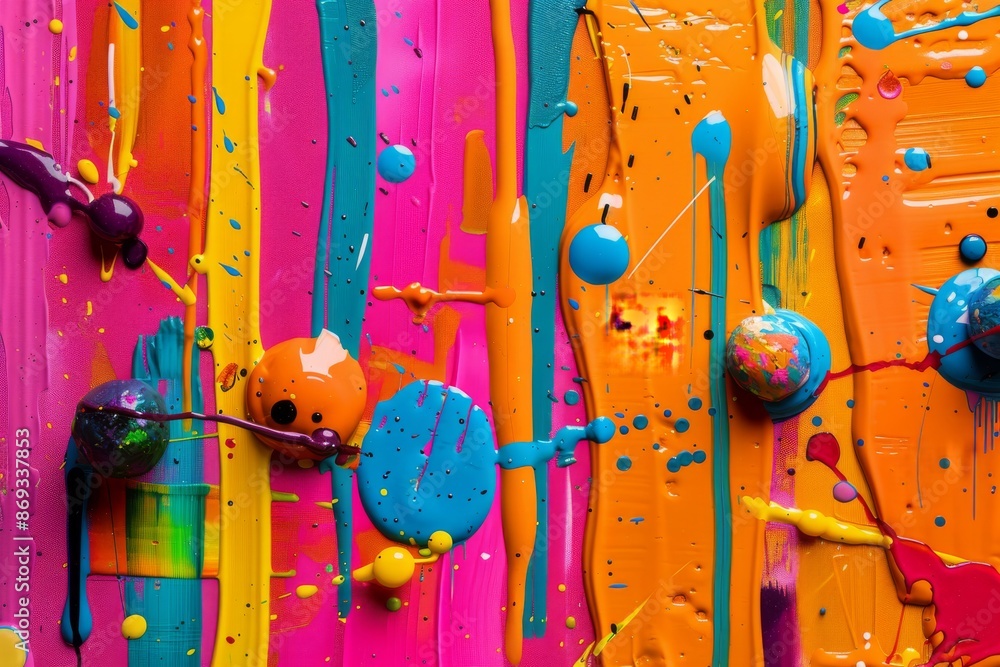 Poster colorful abstract painting with vibrant drips and splatters of various colors creating a lively and 