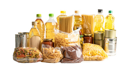 Foodstuff for donation, storage and delivery. Various food, pasta, cooking oil and canned food in...