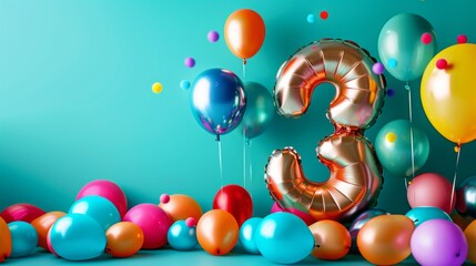 Colorful birthday balloons and a large number three balloon against a turquoise background, celebrating a third birthday party.