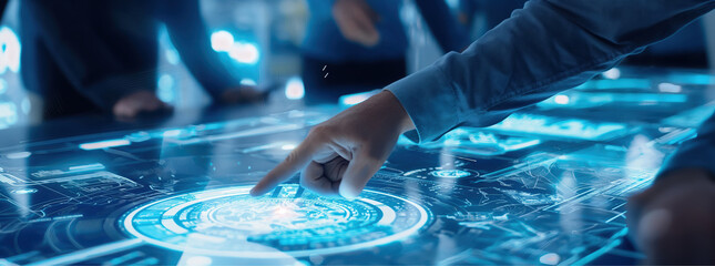 A close-up shot of the hands touching on an interactive touch screen table displaying data