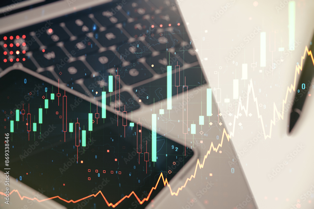 Poster multi exposure of abstract financial graph on laptop background, financial and trading concept