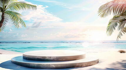 Obraz premium Abstract stone podium on tropical beach background. Perfect for product presentations.