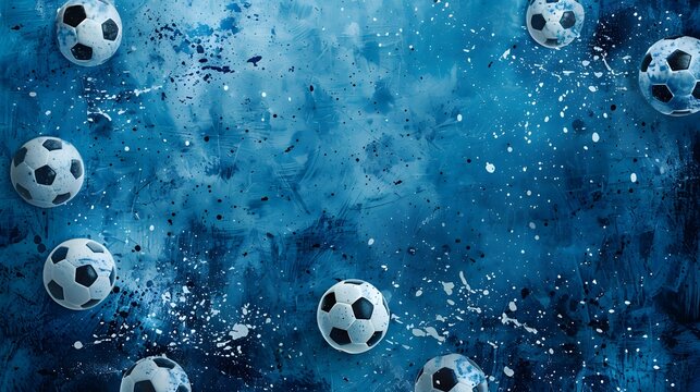 Soccer Balls on Blue Abstract Background.