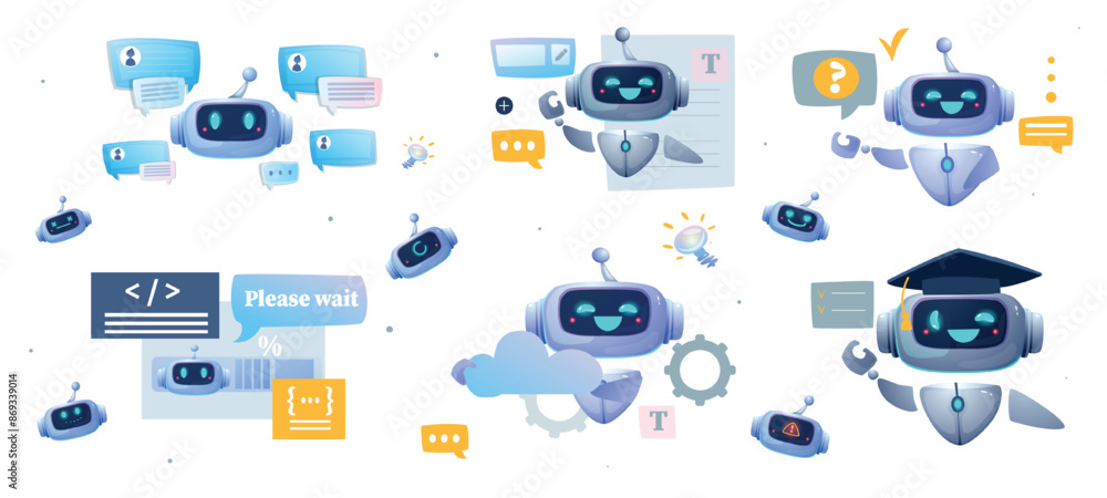Poster set of virtual assistants. online dialogue with robot, artificial intelligence or neural network. bo
