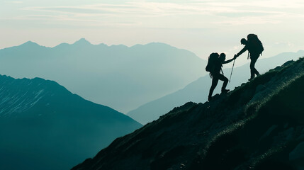 wide horizontal motivation banner with supportive mountain hikers, giving helping hands and pull other to take up 