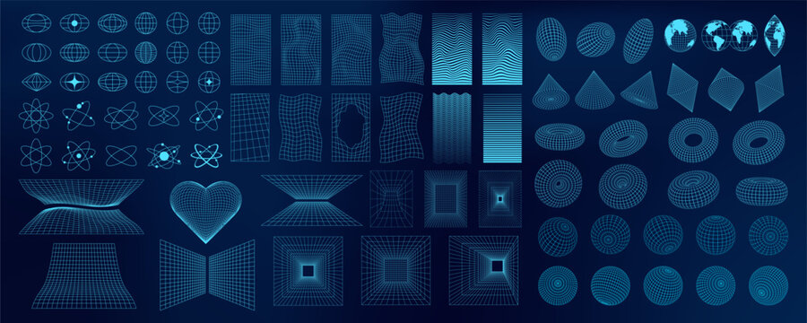 Abstract 3D wireframe shapes, mesh grids, and geometric forms. Neon blue Y2K designs with futuristic and psychedelic patterns. Tech and cyberpunk elements in a surreal digital art.