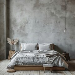 interior of a bedroom in front of empty concrete wall