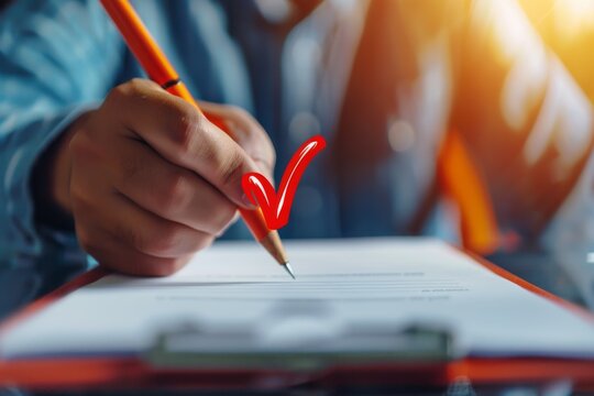 Hand with a pencil writing on a clipboard with a red check mark, representing approval, review, or completion in a professional setting.