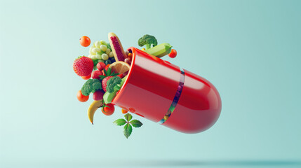 Obraz premium A red and clear capsule with various vegetables inside, floating in the air