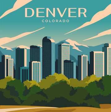 Poster with landscape of Denver, Colorado. Modern cityscape of USA city with skyscrapers of business center, mountains and natural parks. Tourism and travel destinations. Cartoon vector illustration