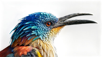 A vibrantly plumaged multicolor bird with a glossy sheen, each feather a different hue of the rainbow, vibrant and iridescent on transparent background