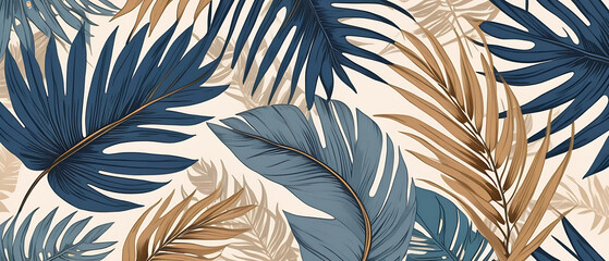 Tropical floral wallpaper. Illustrations of plants, palm leaves and flowers for poster, greeting card, background or invitation. Muted trendy blue, beige, gold and bronze colors