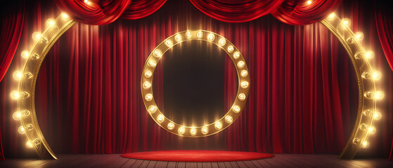 Luxurious Red Curtain and Golden Circle Frame with Flashing Light Bulbs - Modern Digital Art Animation