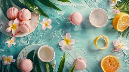 Tropical macarons and flowers on a textured surface