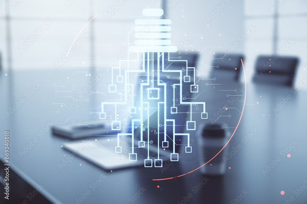 Poster creative light bulb with chip hologram on modern laptop background, artificial intelligence and neur