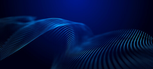 Abstract wave. Interweaving of dots and lines on a blue background. Big data. 3D rendering.