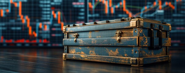 A distressed metal case is set against a backdrop of financial market analytics, symbolizing the balance between rugged reliability and the intricacies of financial data.