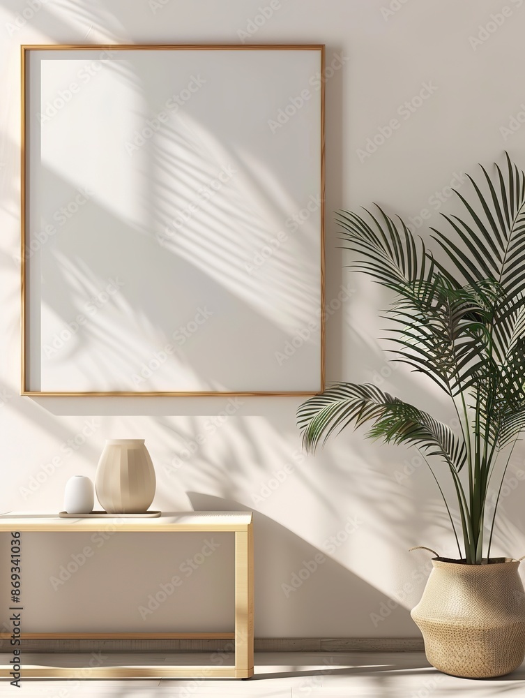 Poster empty frame on wall with plant shadow and minimalist console