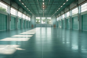 Fototapeta premium A modern industrial hall featuring green elements, large windows, and a spacious floor area. Abundant natural light creates a clean and airy atmosphere within the hall.
