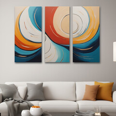 Abstract Art, a colorful, hand-made abstract triptych painting of swirling waves and curved minimalistic shapes, displayed on a wall with a minimalistic background, close-up view of the three-panel ca