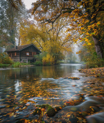 Autumn Riverside with Rustic Cabin