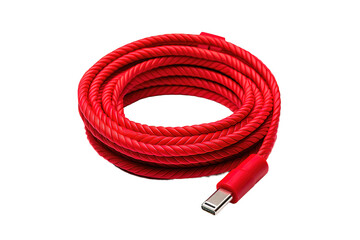 Coiled Red USB C lightning charging cable. Red USB-C on transparent background. Computer mobile phone accessories