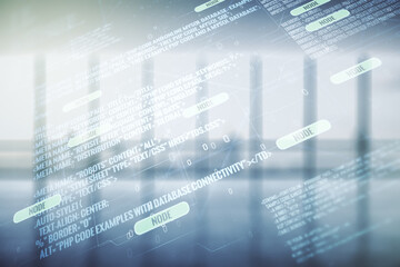 Multi exposure of abstract programming language hologram on abstract empty interior background,...