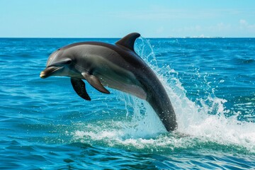 A dolphin jumps out of the water surface in the ocean.