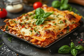 A large lasagna with a basil leaf on top