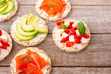 Protein toast ceispbread with delicious toppings top view