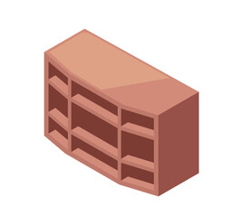 Home furniture isometric icon. Stylish wooden cabinet with open shelves for storing books and decor. Closet for living room interior. Cartoon 3D vector illustration isolated on white background