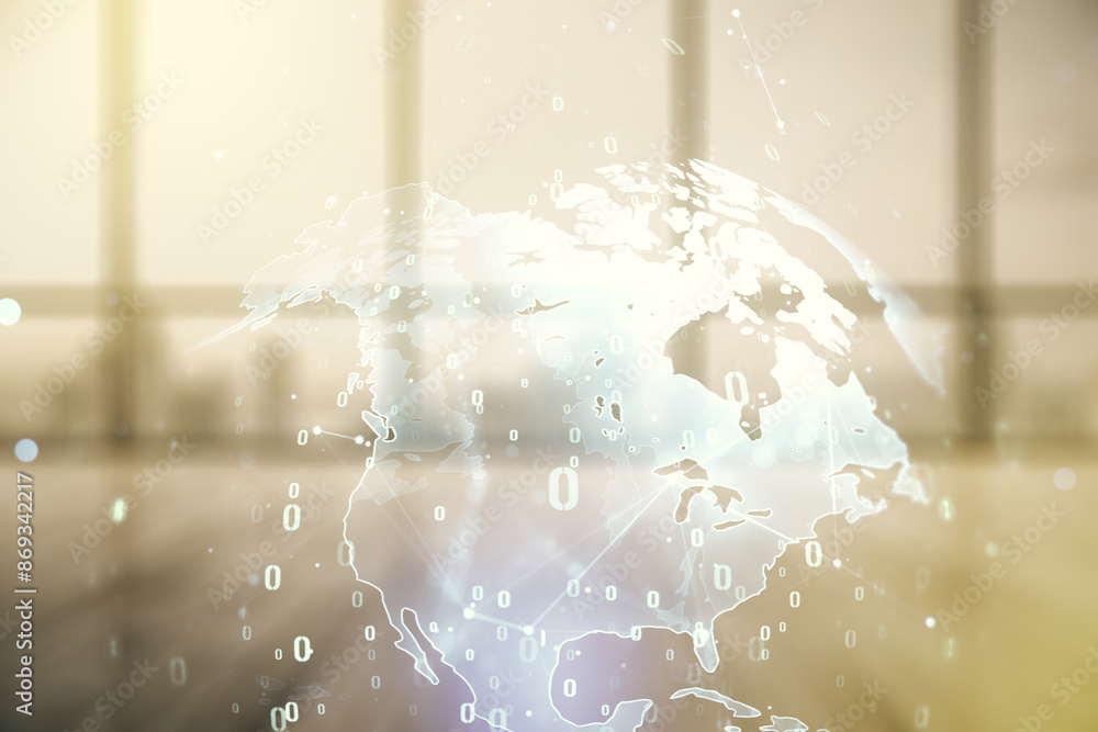 Poster abstract virtual coding concept and world map hologram on empty corporate office background. multiex