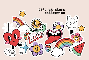 Groovy hippie retro stickers set. Cartoon rainbow, flower, love, heart and daisy. Stickers in trendy 90s psychedelic cartoon style. Isolated vector hand drawn illustration. 