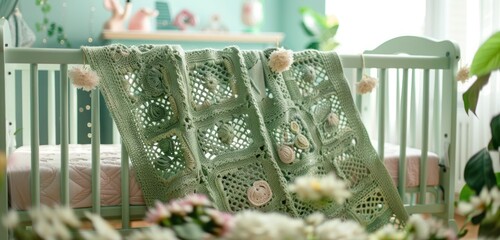 Charming crochet pastel green baby blanket with whimsical motifs, draped over a crib in a bright, cheerful nursery
