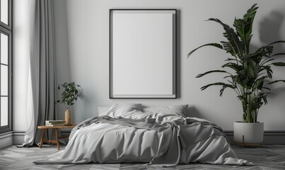Minimalist bedroom with an empty canvas on the nightstand