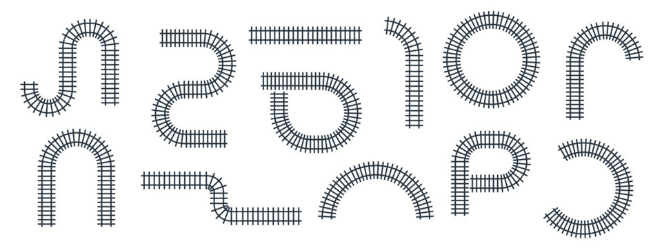 Railway train track vector illustration isolated on white background. Rail pattern round circular curve railroad path icon