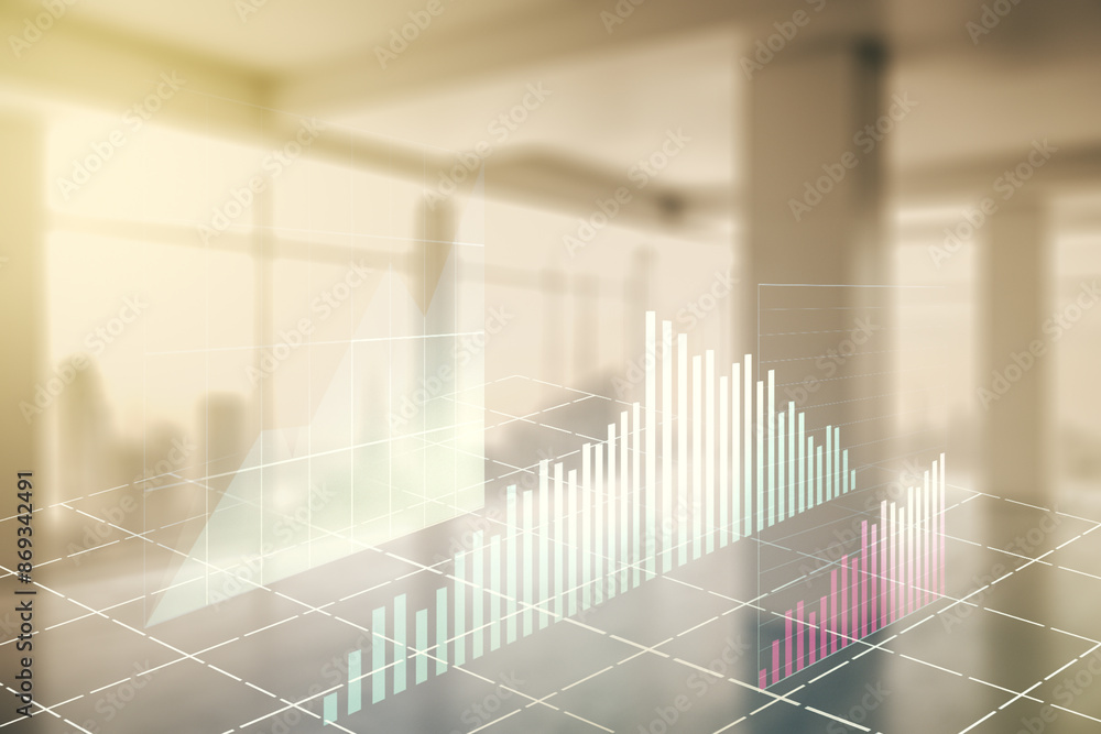 Poster double exposure of abstract creative financial chart hologram on empty modern office background, res