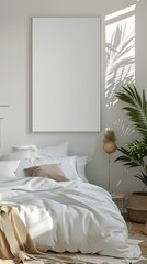 Bright bedroom with a blank canvas on the wall