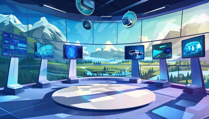 Virtual Reality Talk Show Set: A futuristic set with VR headsets, interactive screens, and a backdrop featuring digital landscapes or virtual environments