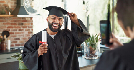 Phone screen, photography and man with graduation certificate in house for celebration, pride and...