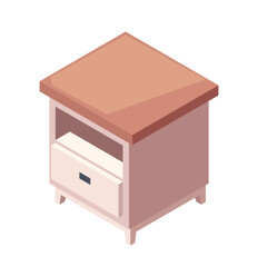Home furniture isometric icon. Classic wooden bedside table for bedroom interior design. Nightstand with drawer and shelf. Cartoon 3D vector illustration isolated on white background