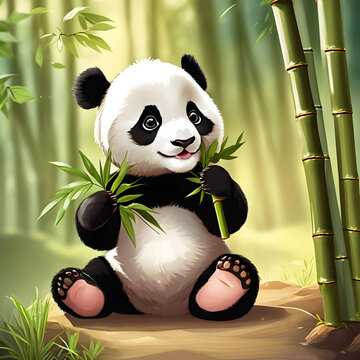 cute comic panda bear Animal cub eating bamboo happy